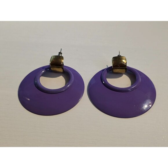 Vintage Purple Enamel Oversized Hoop Statement Earrings With Gold Tone Accent - Picture 4 of 5